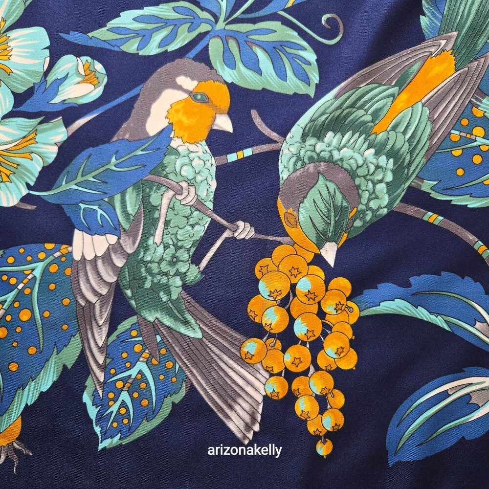 HUGE Silk Wrap Scarf Birds Blue Yellow - Picture 6 of 13